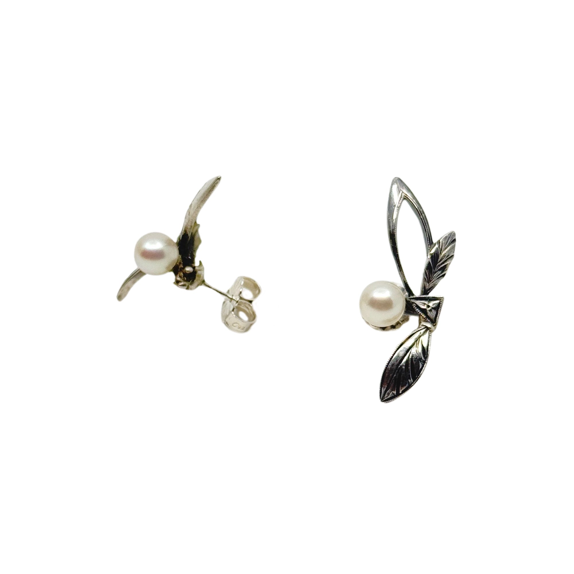 Vintage Engraved Leaf Japanese Saltwater Akoya Cultured Pearl Solitaire Pierced Earrings-Sterling Silver