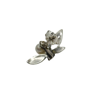 Vintage Engraved Leaf Japanese Saltwater Akoya Cultured Pearl Solitaire Pierced Earrings-Sterling Silver