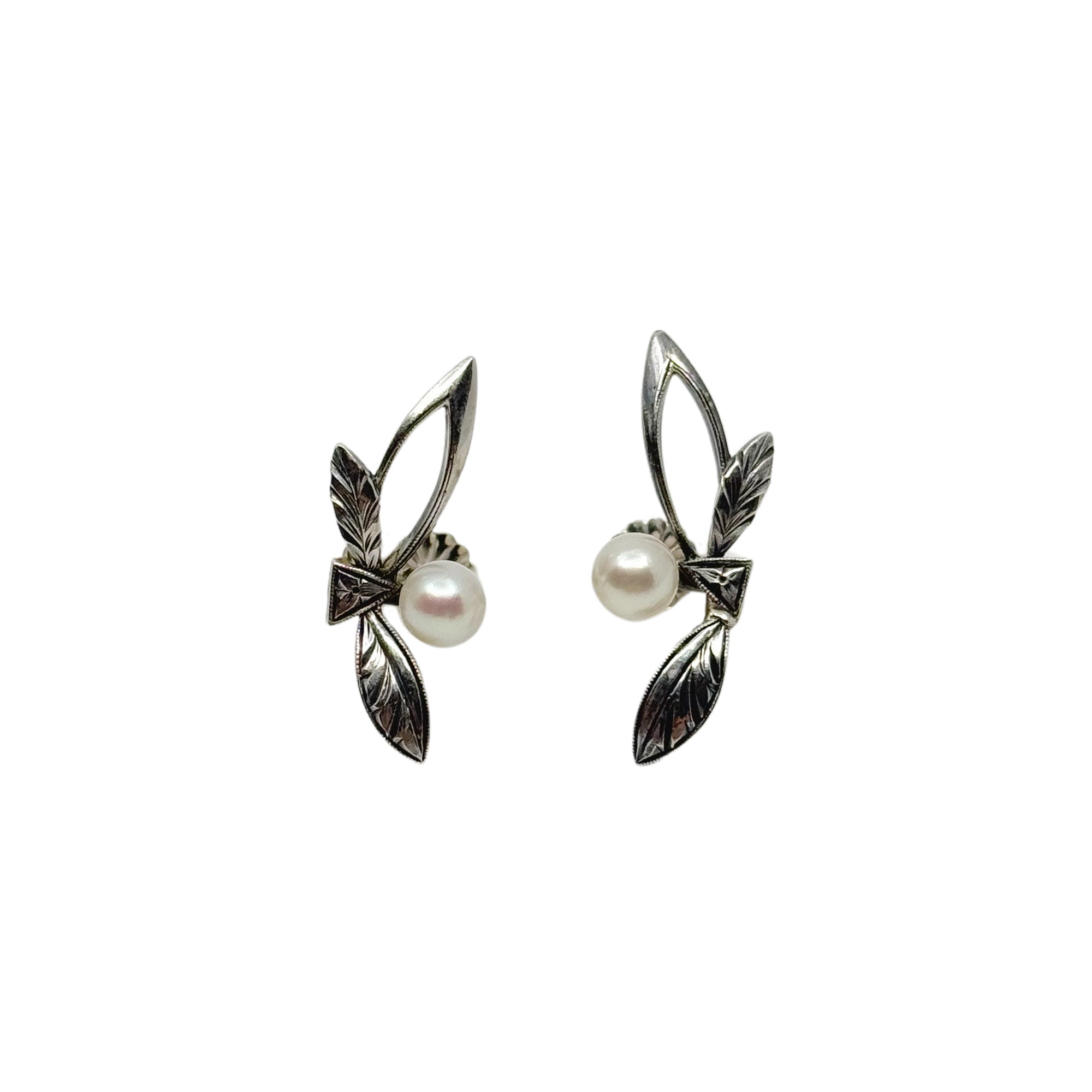 Vintage Engraved Leaf Japanese Saltwater Akoya Cultured Pearl Solitaire Pierced Earrings-Sterling Silver