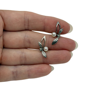 Vintage Engraved Leaf Japanese Saltwater Akoya Cultured Pearl Solitaire Pierced Earrings-Sterling Silver