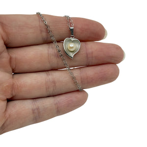 Mid Century Designer Theda Heart Japanese Saltwater Akoya Cultured Pearl Pendant- Sterling Silver 15 Inch