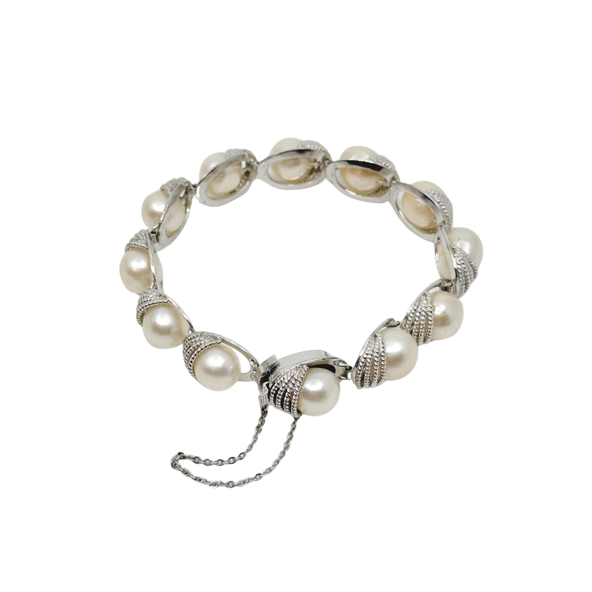 9mm Braided MCM Japanese Saltwater Akoya Cultured Pearl Link Bracelet- Sterling Silver