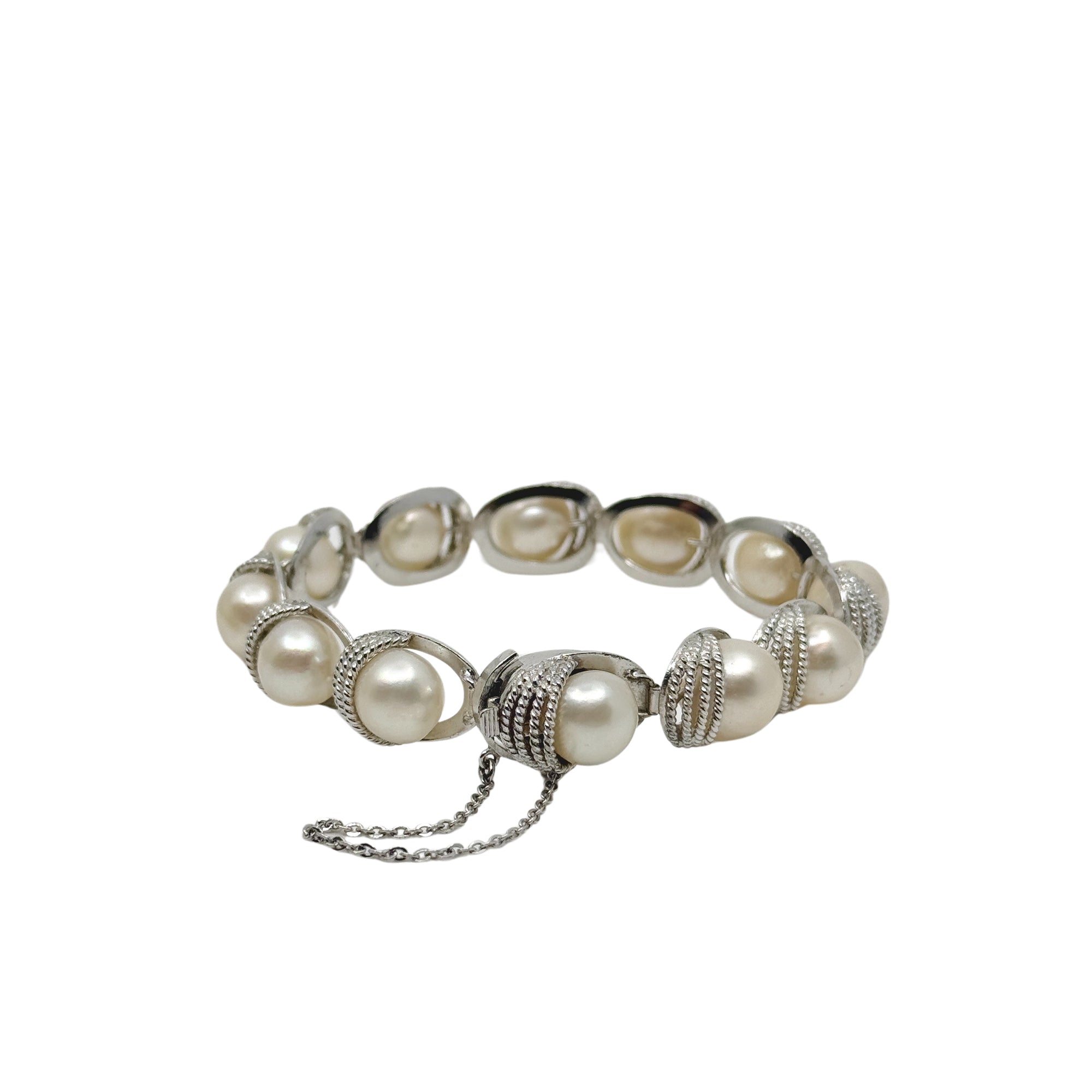 9mm Braided MCM Japanese Saltwater Akoya Cultured Pearl Link Bracelet- Sterling Silver