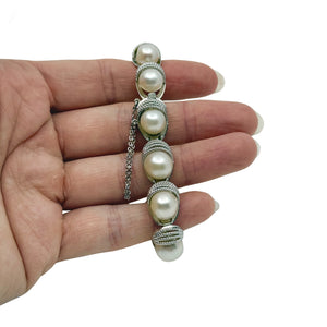 9mm Braided MCM Japanese Saltwater Akoya Cultured Pearl Link Bracelet- Sterling Silver