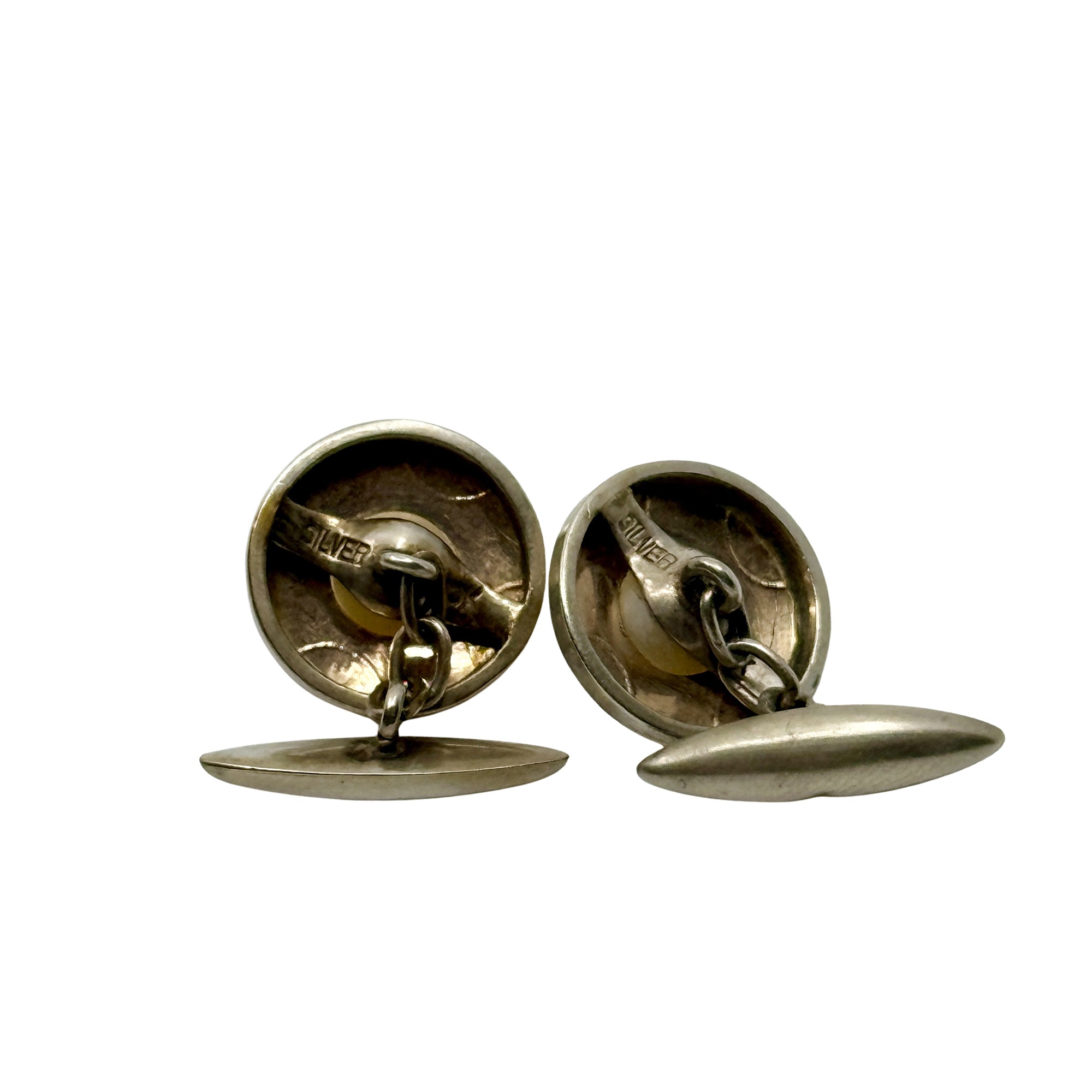 Two Tone Mid Century Modern Japanese Akoya Pearl Mens Cufflinks- Sterling Silver 10K Yellow Gold