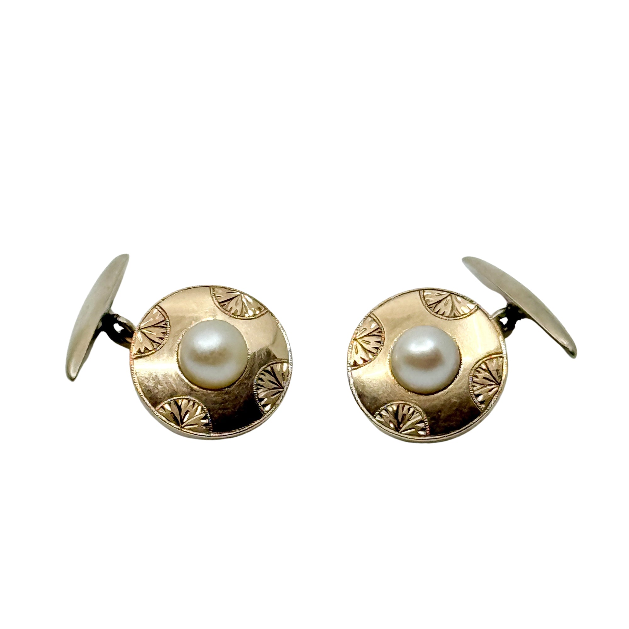 Two Tone Mid Century Modern Japanese Akoya Pearl Mens Cufflinks- Sterling Silver 10K Yellow Gold