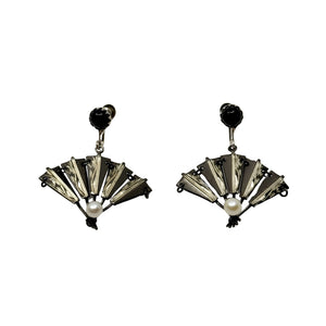 Amita Black Rhodium Saltwater Akoya Cultured Pearl Fan Vintage Screwback Earrings- Sterling Silver