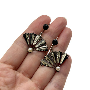 Amita Black Rhodium Saltwater Akoya Cultured Pearl Fan Vintage Screwback Earrings- Sterling Silver
