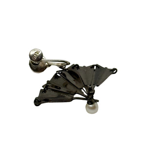 Amita Black Rhodium Saltwater Akoya Cultured Pearl Fan Vintage Screwback Earrings- Sterling Silver