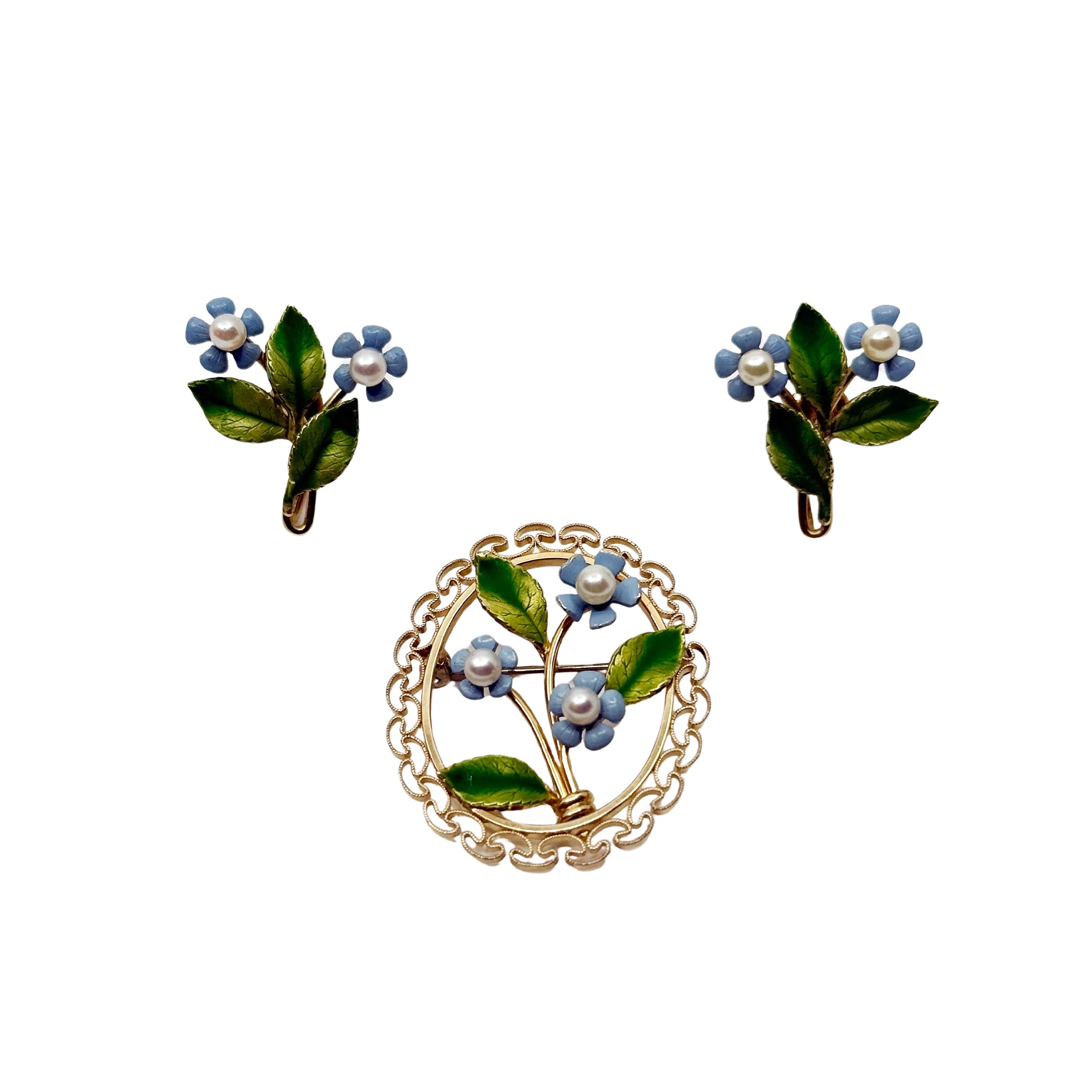 Blue Enamel Flower Krementz Mid-Century Akoya Saltwater Cultured Pearl Screwback Vintage Leaf Earrings Brooch- Gold Filled