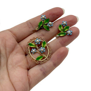Blue Enamel Flower Krementz Mid-Century Akoya Saltwater Cultured Pearl Screwback Vintage Leaf Earrings Brooch- Gold Filled