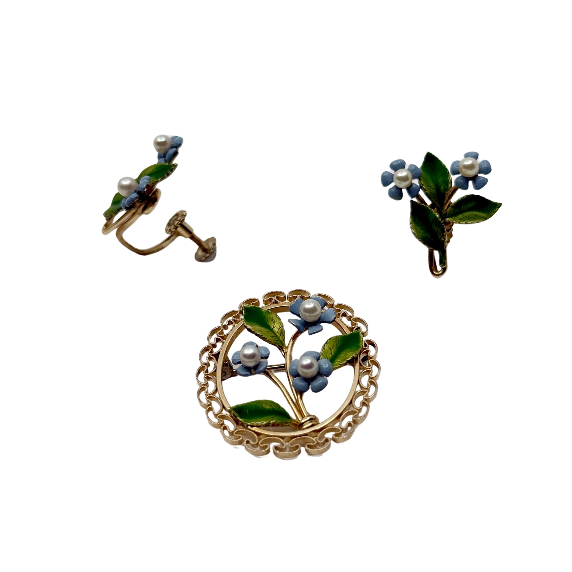 Blue Enamel Flower Krementz Mid-Century Akoya Saltwater Cultured Pearl Screwback Vintage Leaf Earrings Brooch- Gold Filled