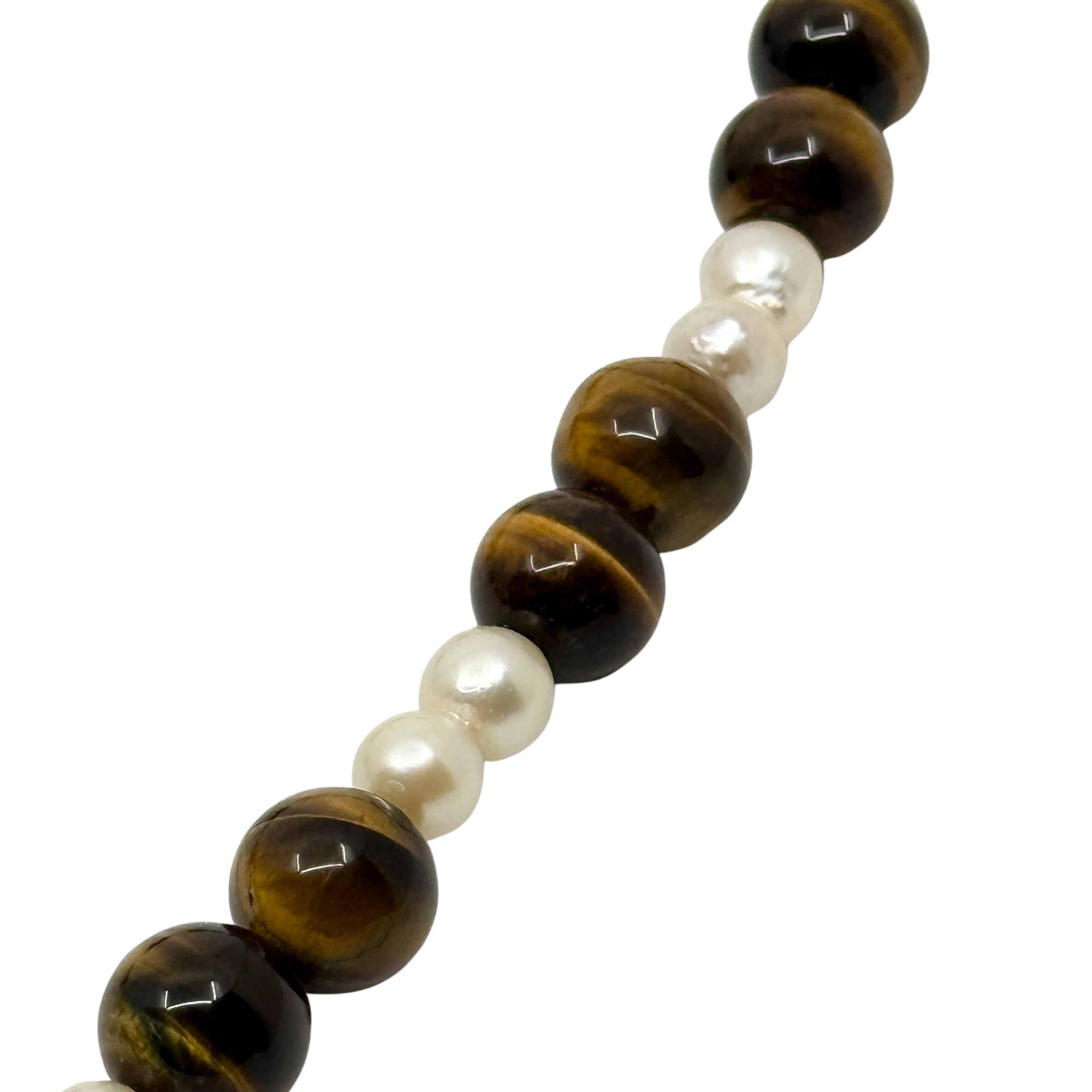 Vintage Brev Double Baroque Japanese Saltwater Cultured Akoya Pearl Tiger Eye Necklace- 18K Yellow Gold 38.50"