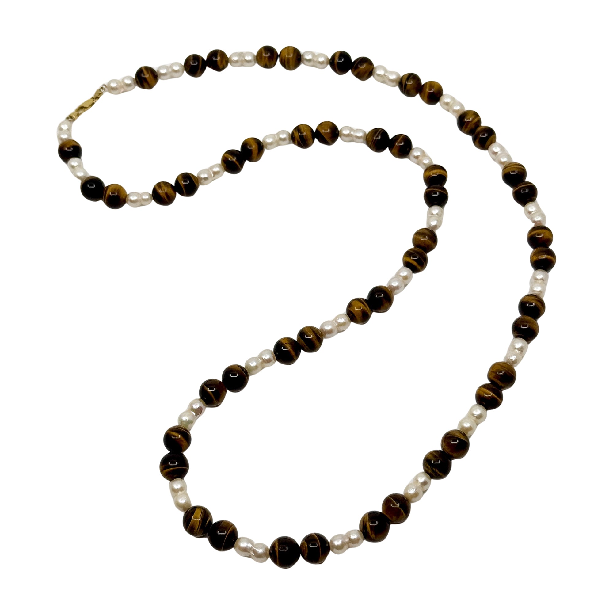 Vintage Brev Double Baroque Japanese Saltwater Cultured Akoya Pearl Tiger Eye Necklace- 18K Yellow Gold 38.50"