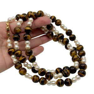 Vintage Brev Double Baroque Japanese Saltwater Cultured Akoya Pearl Tiger Eye Necklace- 18K Yellow Gold 38.50"