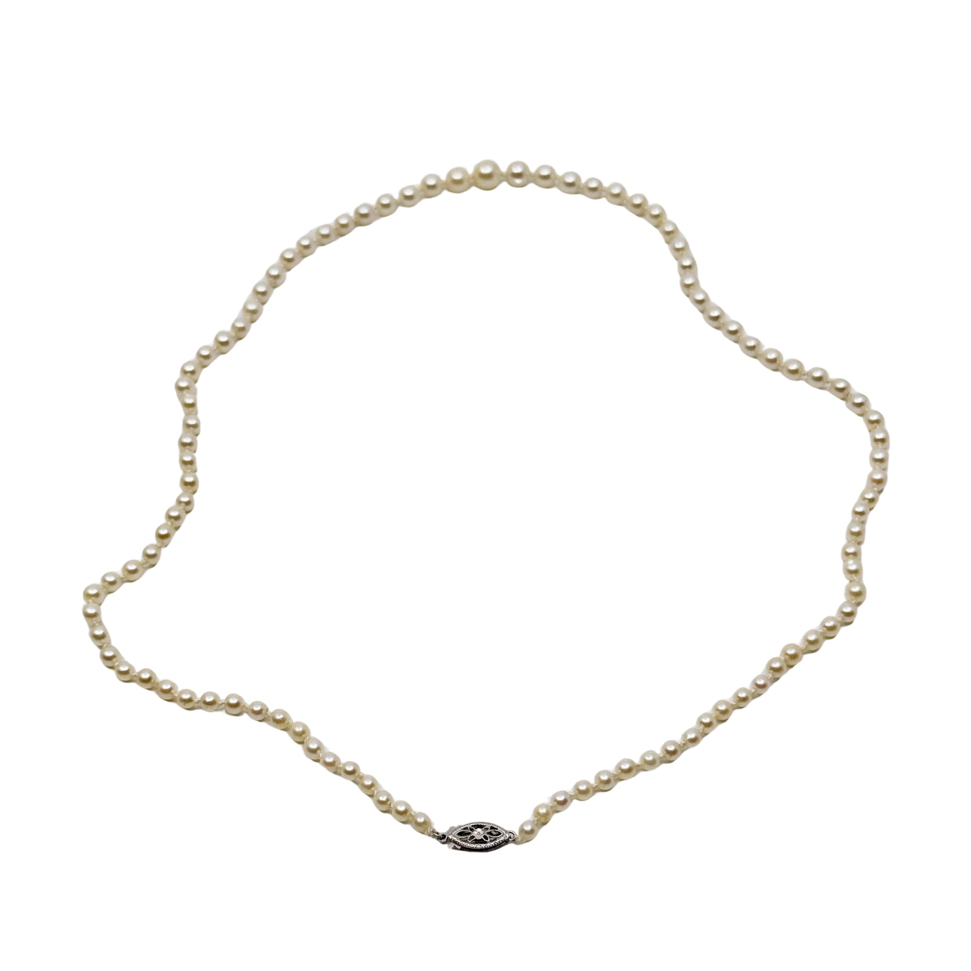 Floral Filigree Japanese Saltwater Akoya Cultured Pearl Vintage Necklace - 14K White Gold 19.50
