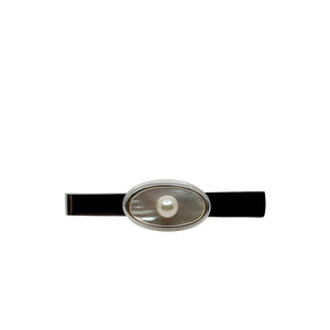 Modernist Mid Century Men's Japanese Saltwater Akoya Cultured Pearl Vintage Oval Mother of Pearl Tie Bar- Sterling Silver