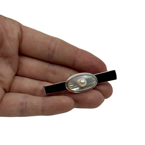 Modernist Mid Century Men's Japanese Saltwater Akoya Cultured Pearl Vintage Oval Mother of Pearl Tie Bar- Sterling Silver