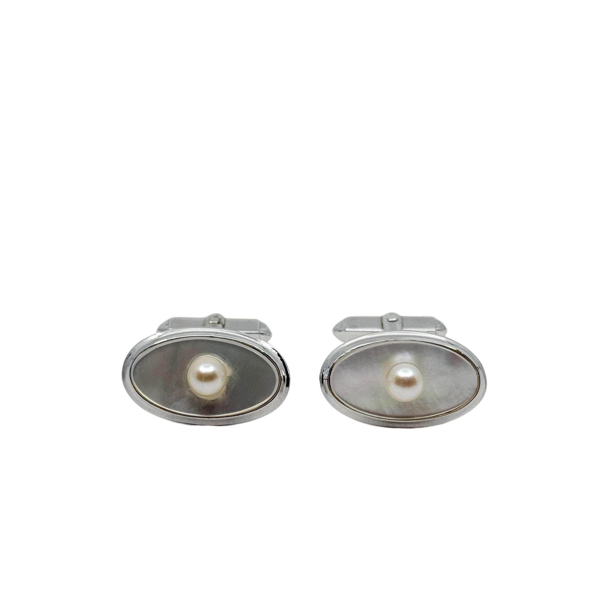 Modernist Mother of Pearl Japanese Saltwater Akoya Cultured Pearl Vintage Oval Cufflinks- Sterling Silver