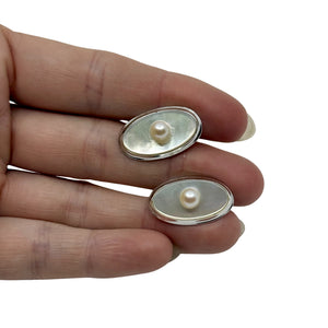 Modernist Mother of Pearl Japanese Saltwater Akoya Cultured Pearl Vintage Oval Cufflinks- Sterling Silver
