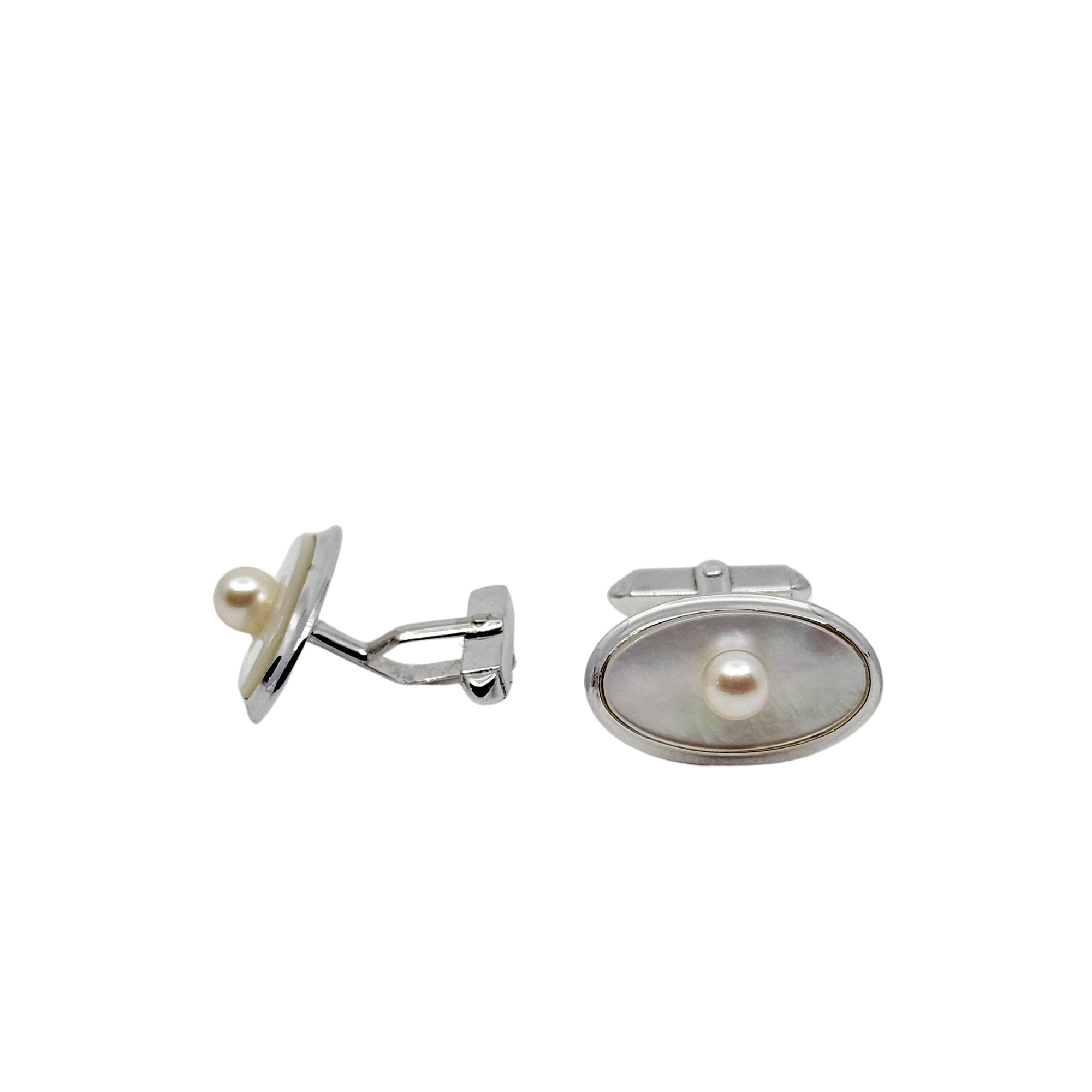 Modernist Mother of Pearl Japanese Saltwater Akoya Cultured Pearl Vintage Oval Cufflinks- Sterling Silver