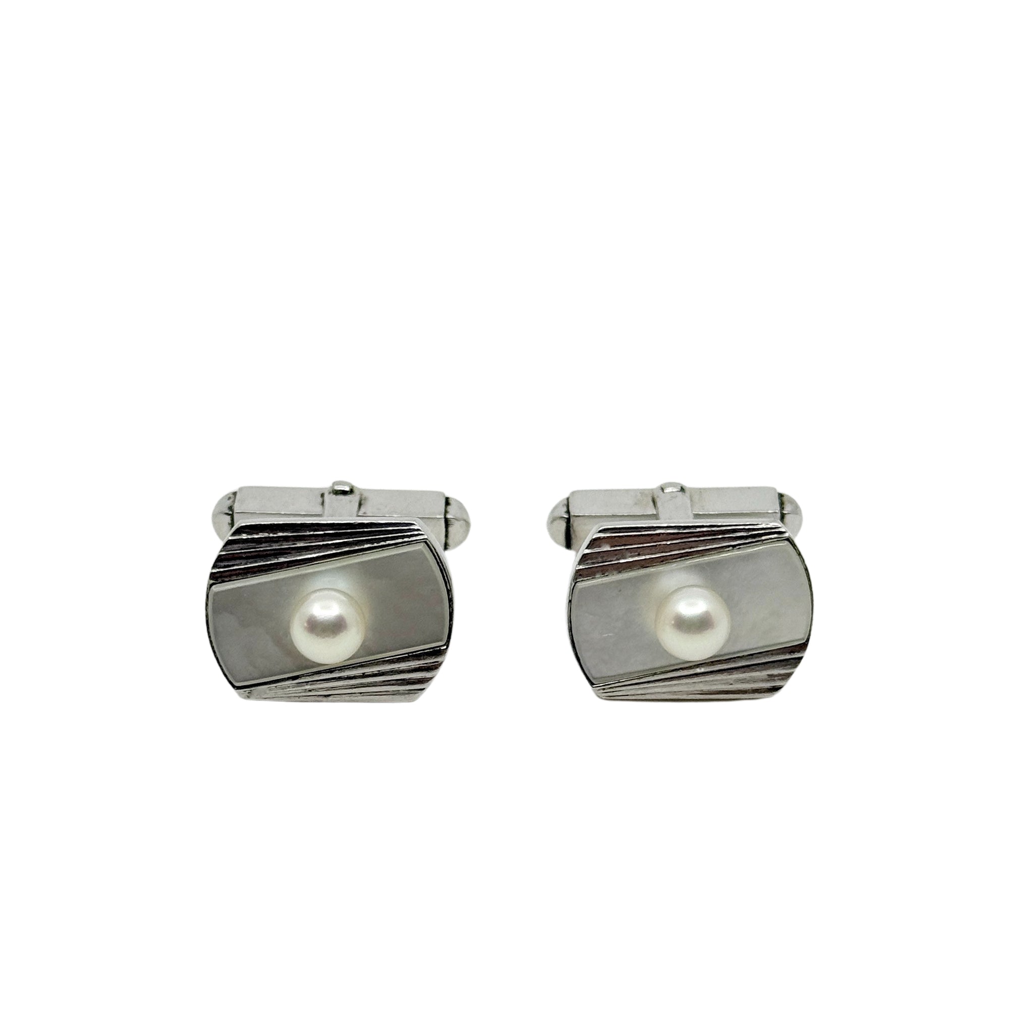 MCM Fan Japanese Saltwater Akoya Cultured Pearl Vintage Mother of Pearl Cufflinks- Sterling Silver
