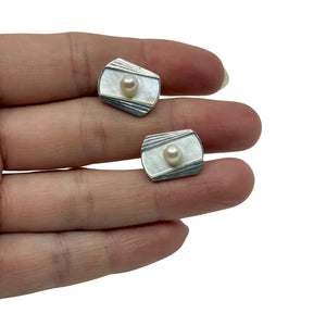 MCM Fan Japanese Saltwater Akoya Cultured Pearl Vintage Mother of Pearl Cufflinks- Sterling Silver