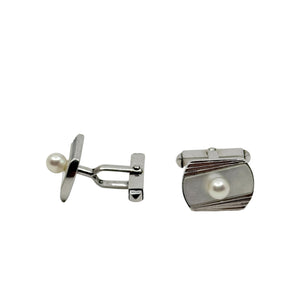 MCM Fan Japanese Saltwater Akoya Cultured Pearl Vintage Mother of Pearl Cufflinks- Sterling Silver