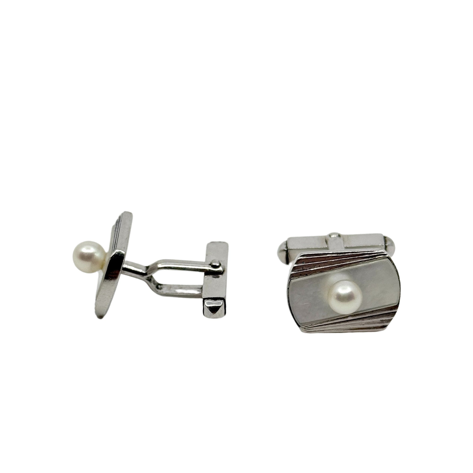 MCM Fan Japanese Saltwater Akoya Cultured Pearl Vintage Mother of Pearl Cufflinks- Sterling Silver