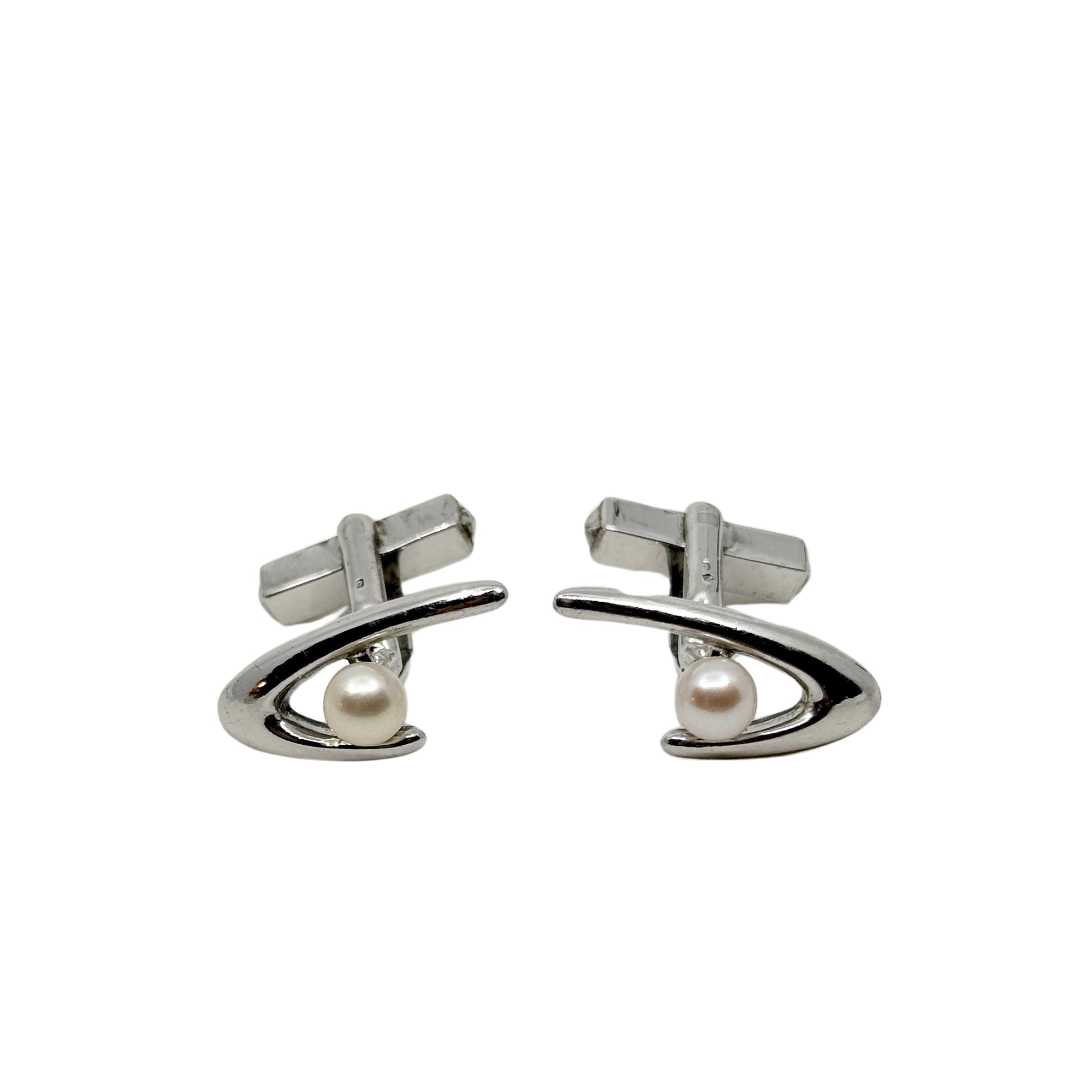 Mikimoto Designer Japanese Saltwater Akoya Cultured Pearl Vintage Mens Cufflinks- Sterling Silver