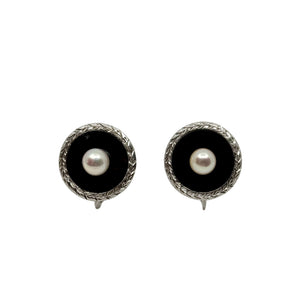 Vintage Solitaire Japanese Akoya Saltwater Cultured Pearl Black Onyx Screwback Earrings- Sterling Silver