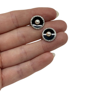 Vintage Solitaire Japanese Akoya Saltwater Cultured Pearl Black Onyx Screwback Earrings- Sterling Silver