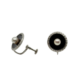 Vintage Solitaire Japanese Akoya Saltwater Cultured Pearl Black Onyx Screwback Earrings- Sterling Silver