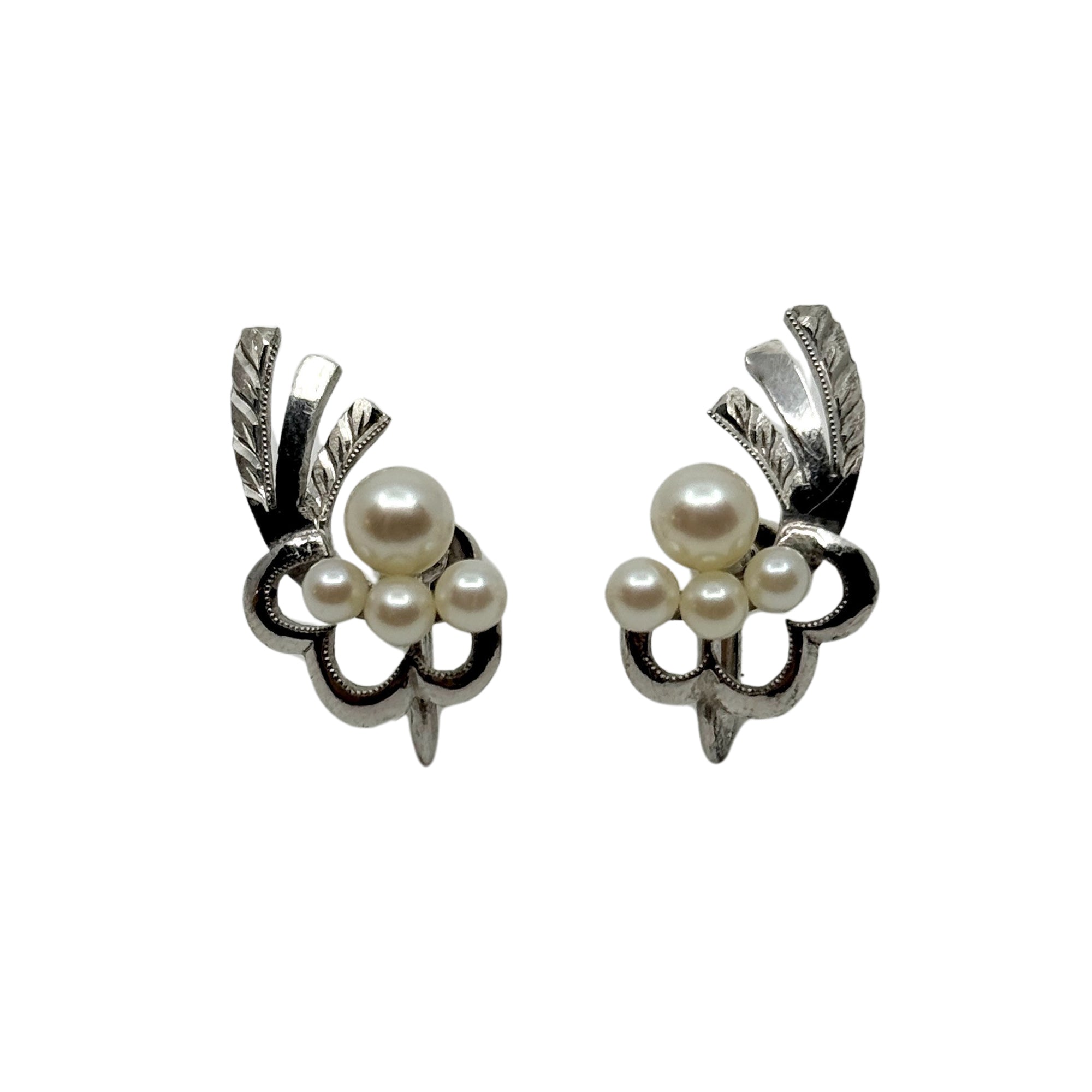 Engraved Spray Akoya Japanese Saltwater Cultured Pearl Vintage Screwback Earrings- Sterling Silver