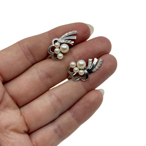 Engraved Spray Akoya Japanese Saltwater Cultured Pearl Vintage Screwback Earrings- Sterling Silver
