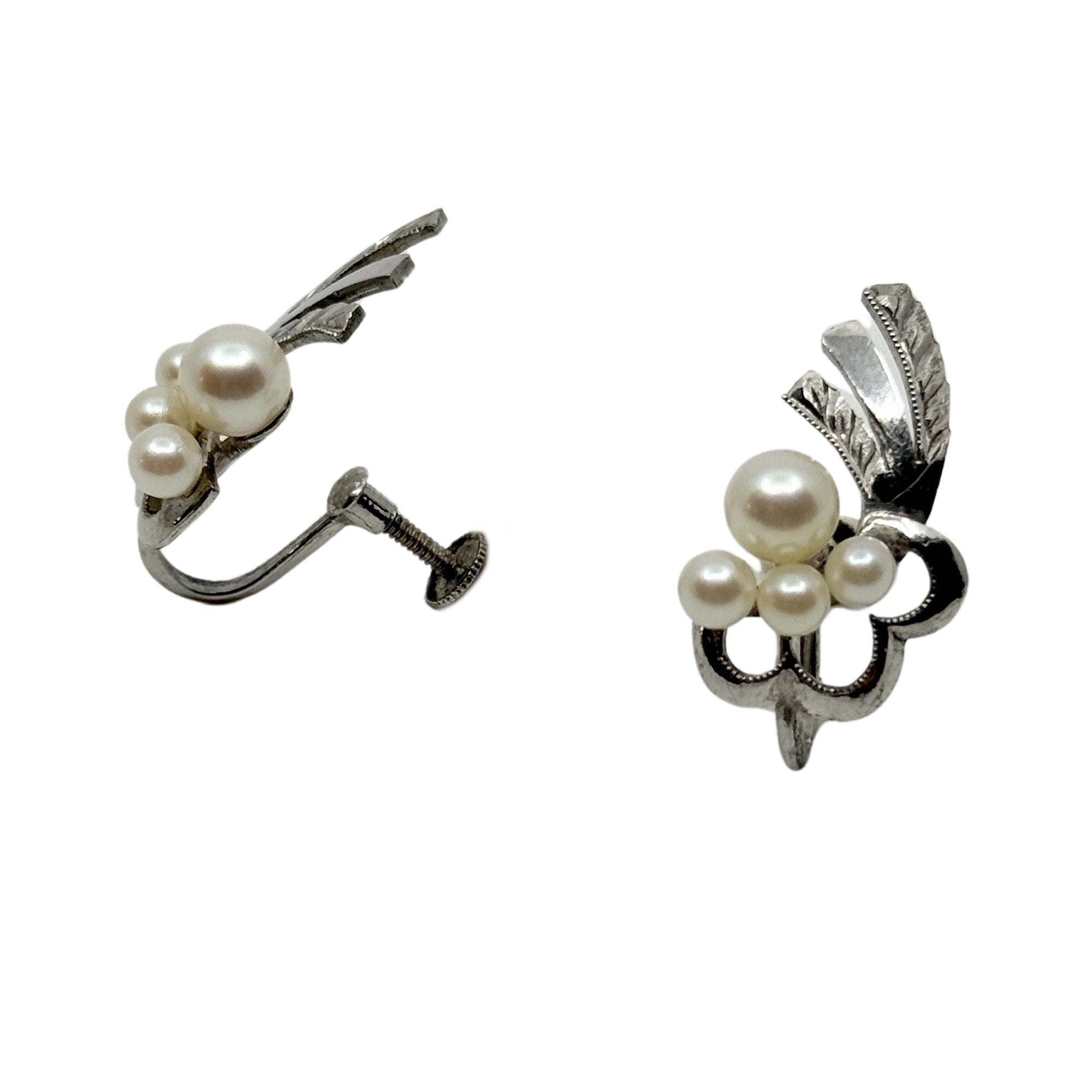 Engraved Spray Akoya Japanese Saltwater Cultured Pearl Vintage Screwback Earrings- Sterling Silver