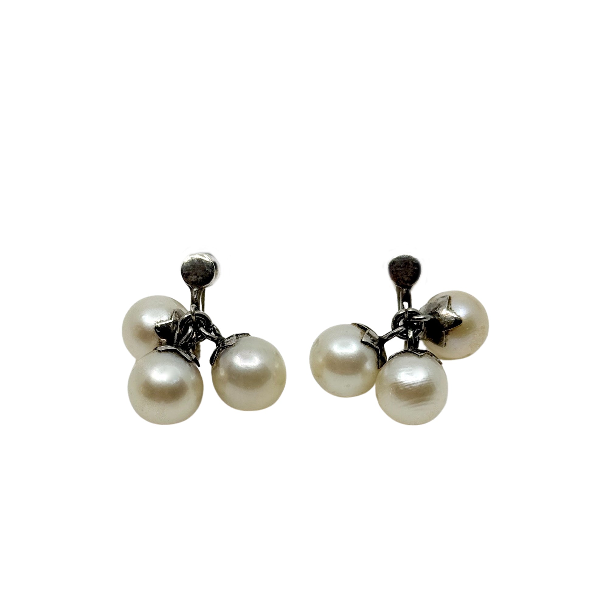 Dangle Triple Japanese Saltwater Akoya Cultured Pearl Screwback Earrings- Sterling Silver