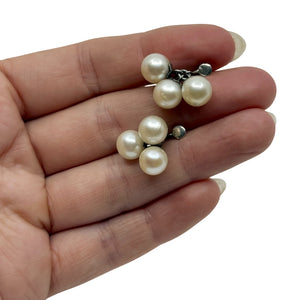 Dangle Triple Japanese Saltwater Akoya Cultured Pearl Screwback Earrings- Sterling Silver