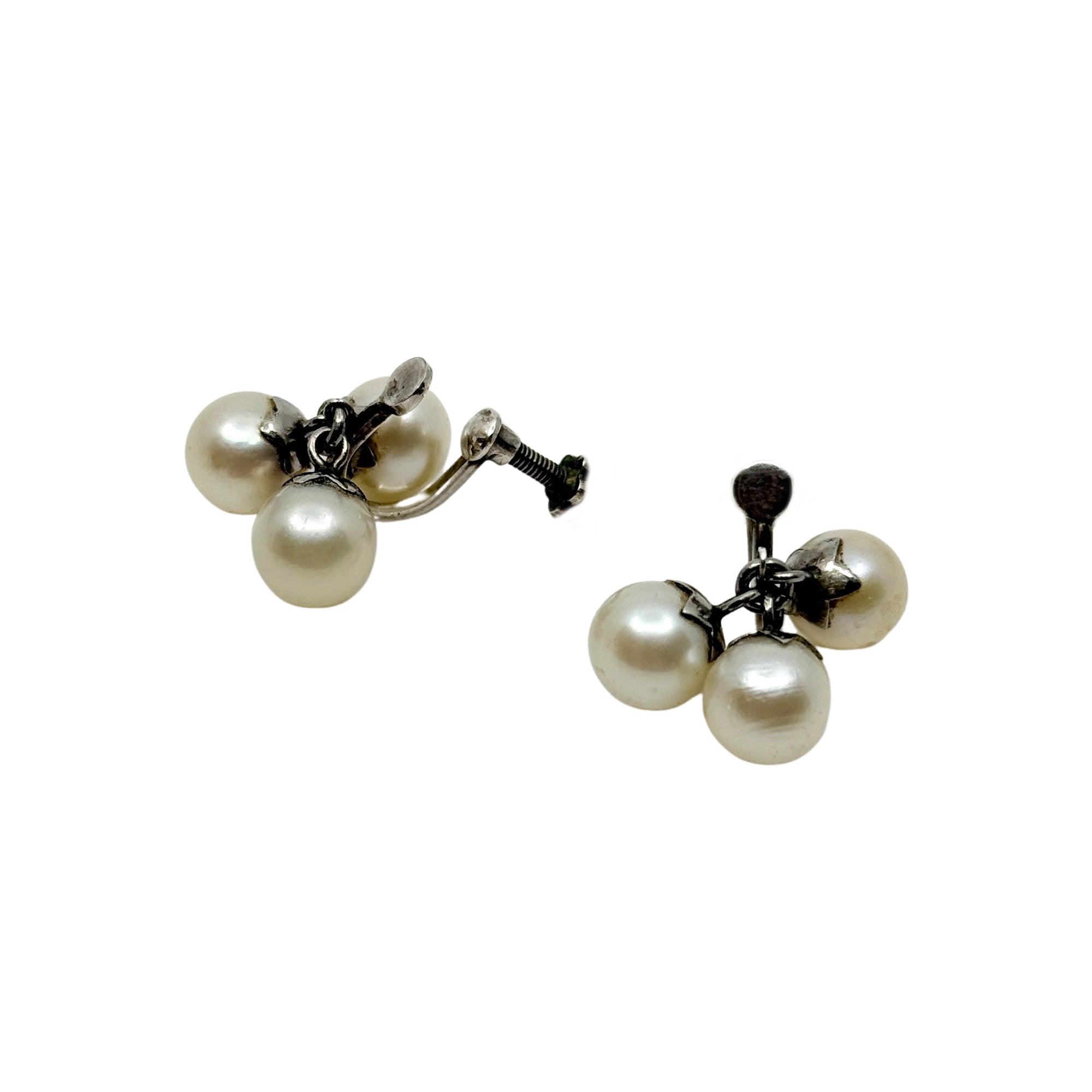Dangle Triple Japanese Saltwater Akoya Cultured Pearl Screwback Earrings- Sterling Silver