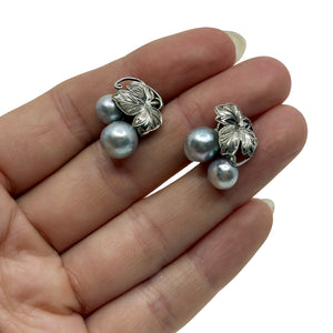 Baroque Blue Japanese Saltwater Akoya Cultured Pearl Grape Screwback Earrings- Sterling Silver