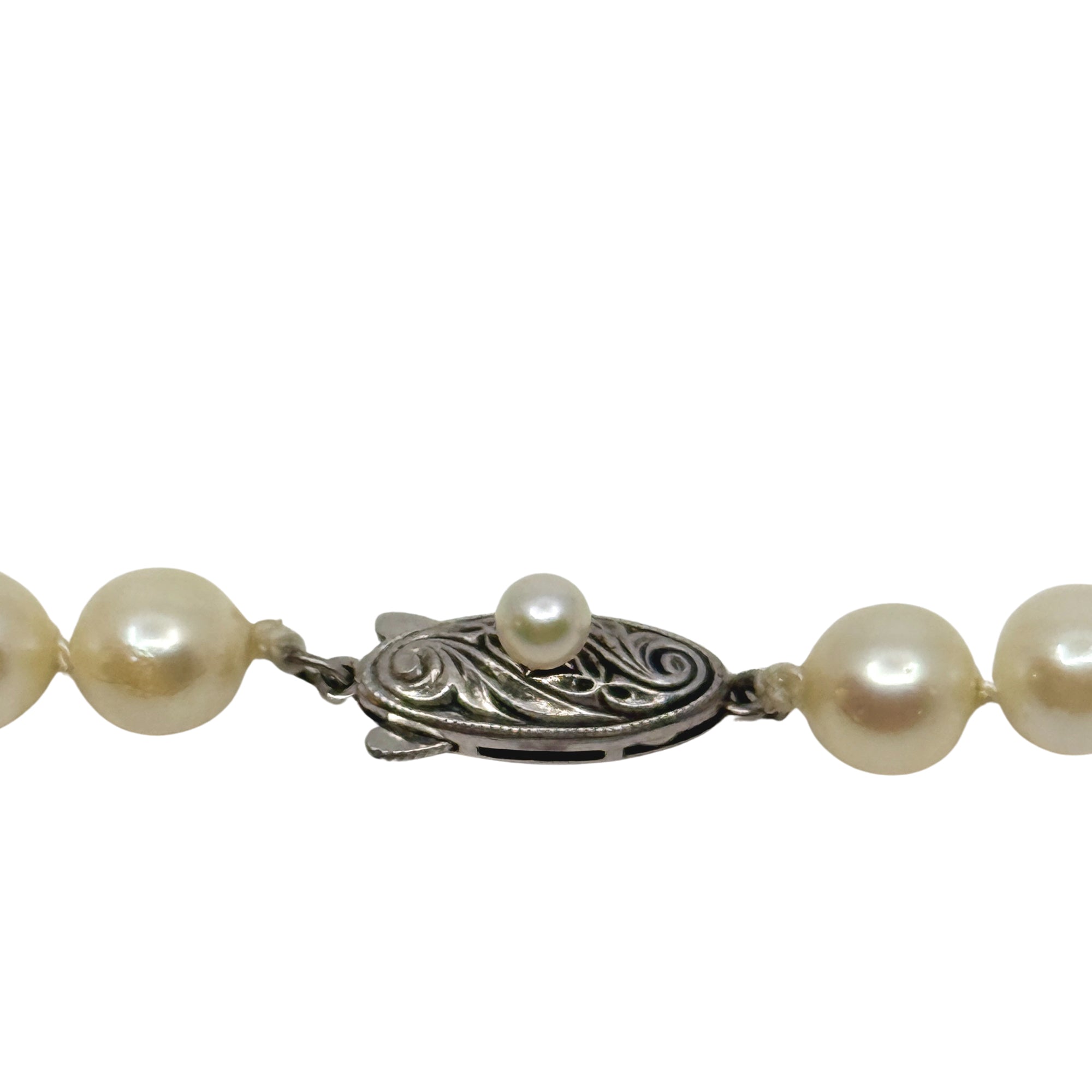 Vintage Choker 6.5mm Japanese Saltwater Akoya Cultured Pearl Engraved Necklace - Sterling Silver 15.50 Inch