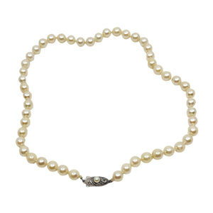 Vintage Choker 6.5mm Japanese Saltwater Akoya Cultured Pearl Engraved Necklace - Sterling Silver 15.50 Inch