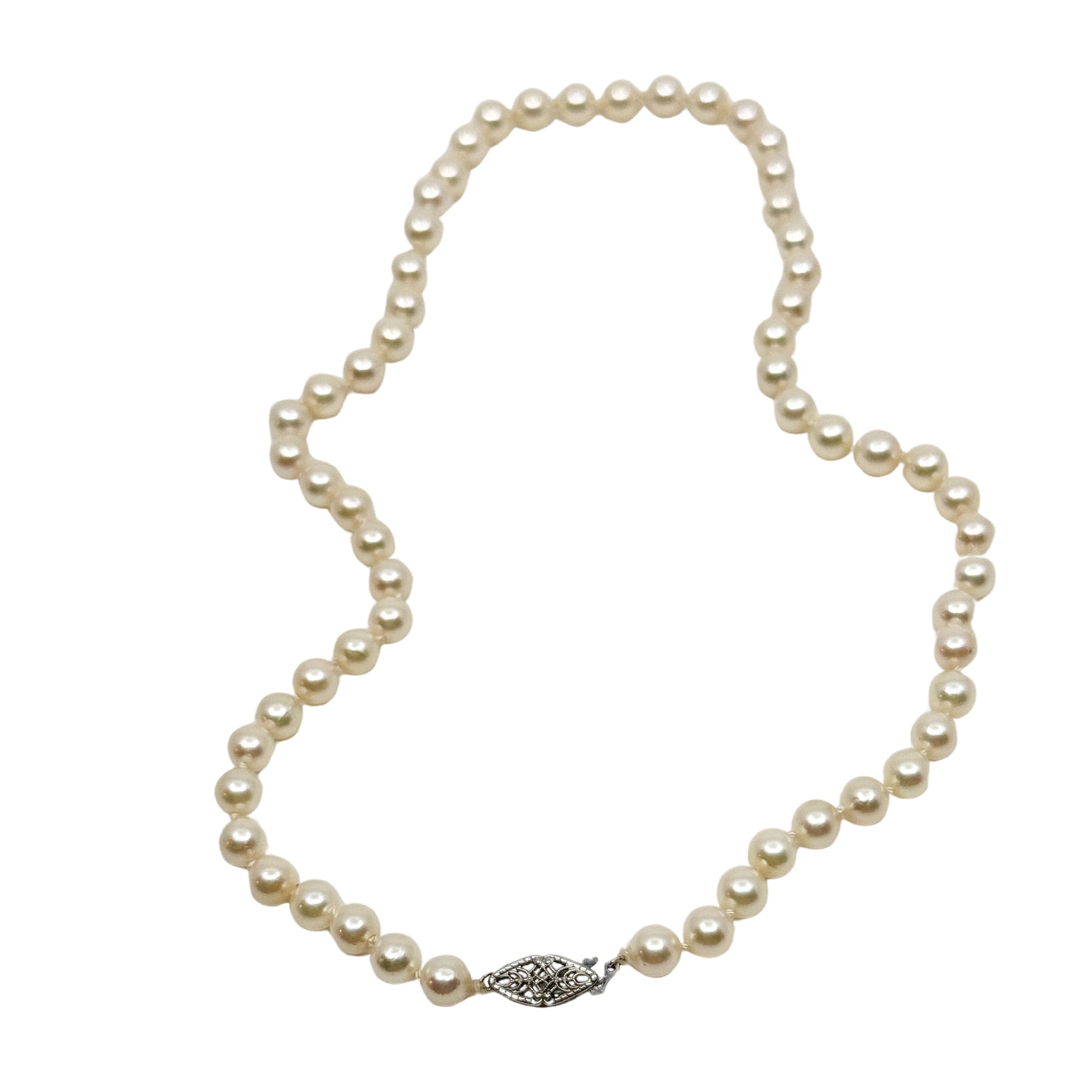 Vintage Filigree Japanese Saltwater Akoya Cultured Pearl Vintage Necklace - 14K White Gold 18.50 Inch