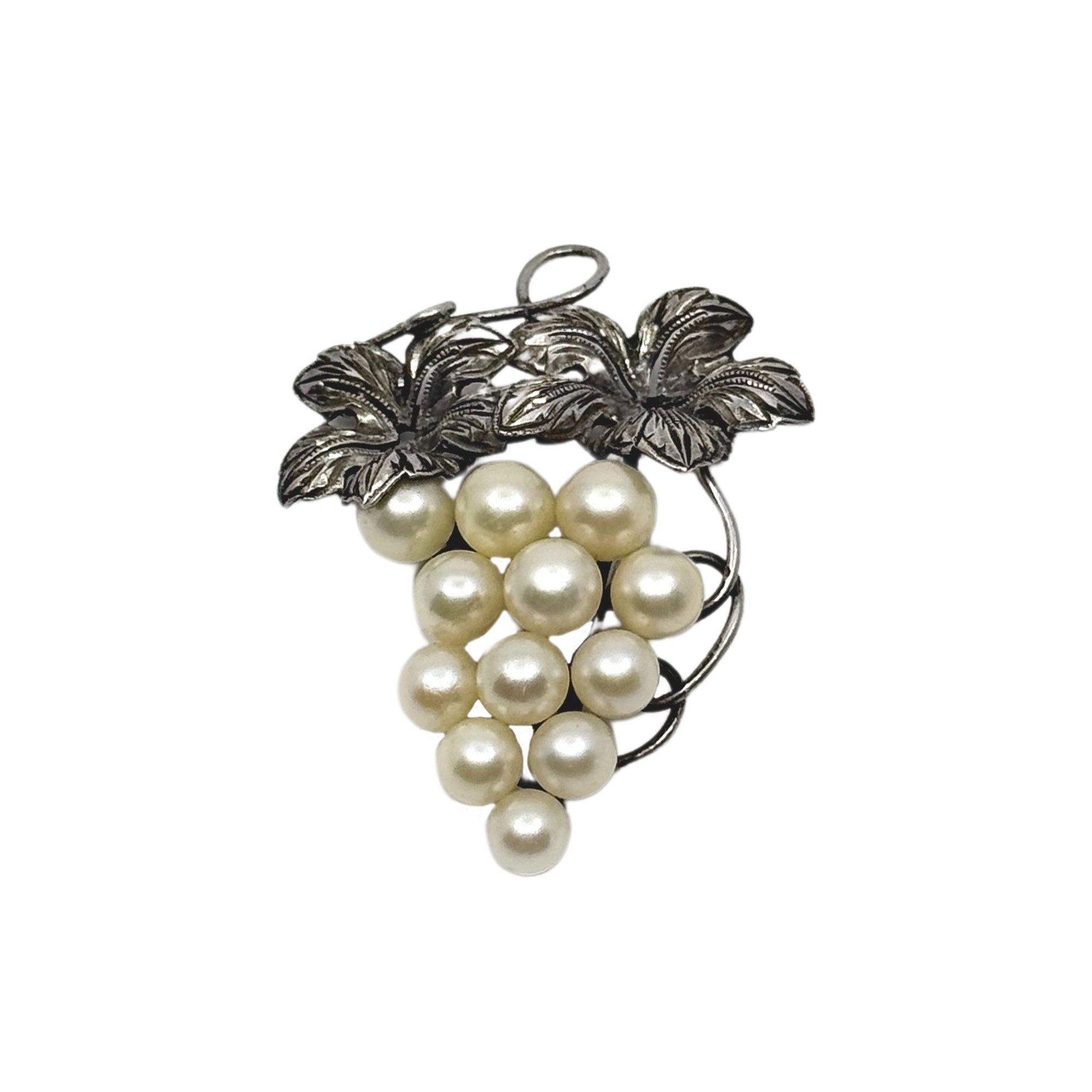 Vintage Grape Japanese Saltwater Akoya Cultured Pearl Engraved Brooch- Sterling Silver