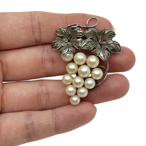 Vintage Grape Japanese Saltwater Akoya Cultured Pearl Engraved Brooch- Sterling Silver
