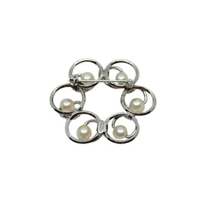 Van Dell Circle Japanese Saltwater Cultured Akoya Pearl Vintage MCM Brooch- Sterling Silver