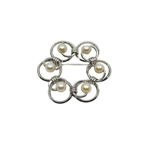 Van Dell Circle Japanese Saltwater Cultured Akoya Pearl Vintage MCM Brooch- Sterling Silver