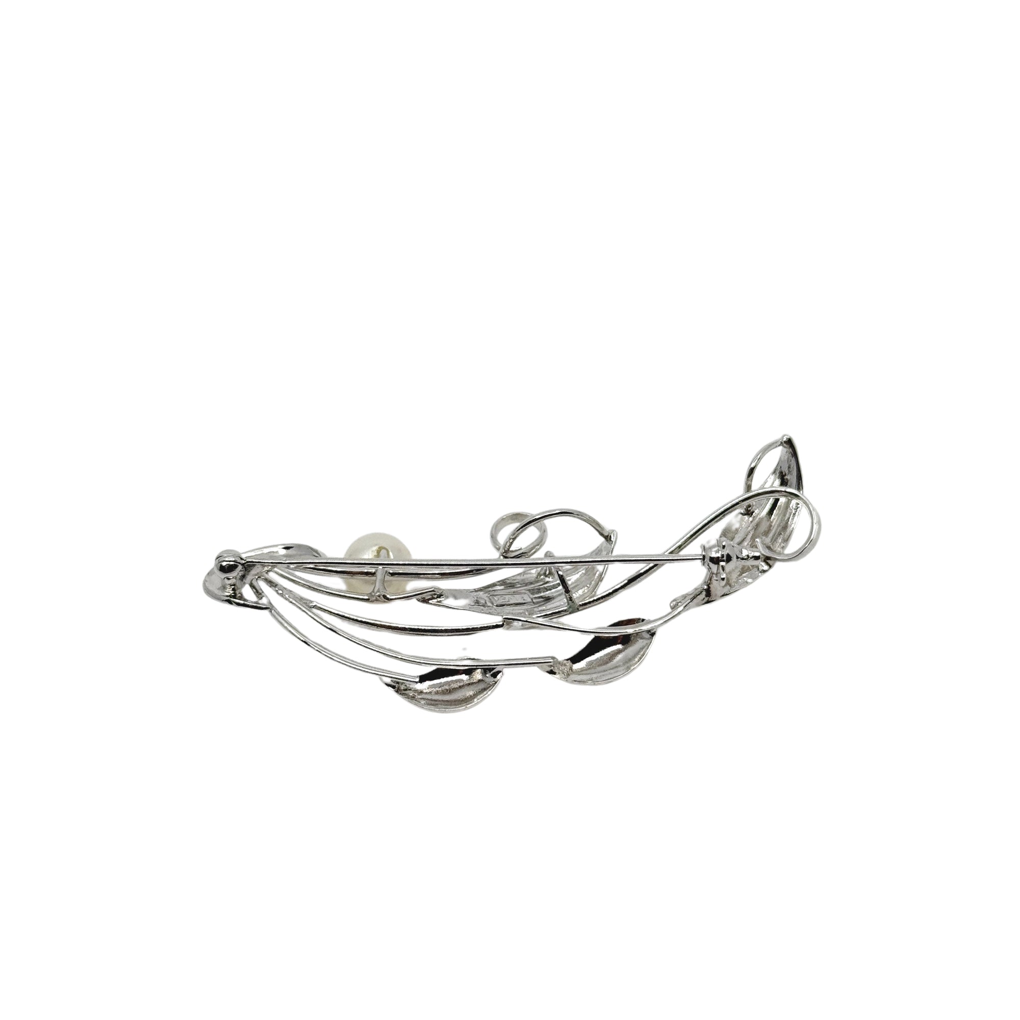 Delicate Vintage Wispy Leaf Japanese Saltwater Akoya Cultured Pearl Pendant Brooch- Sterling Silver