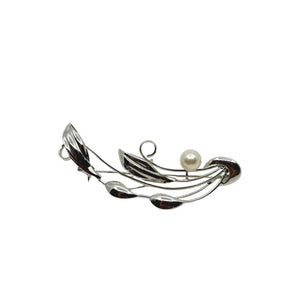 Delicate Vintage Wispy Leaf Japanese Saltwater Akoya Cultured Pearl Pendant Brooch- Sterling Silver