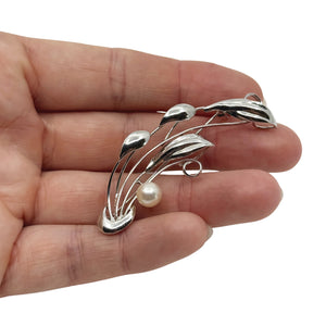 Delicate Vintage Wispy Leaf Japanese Saltwater Akoya Cultured Pearl Pendant Brooch- Sterling Silver